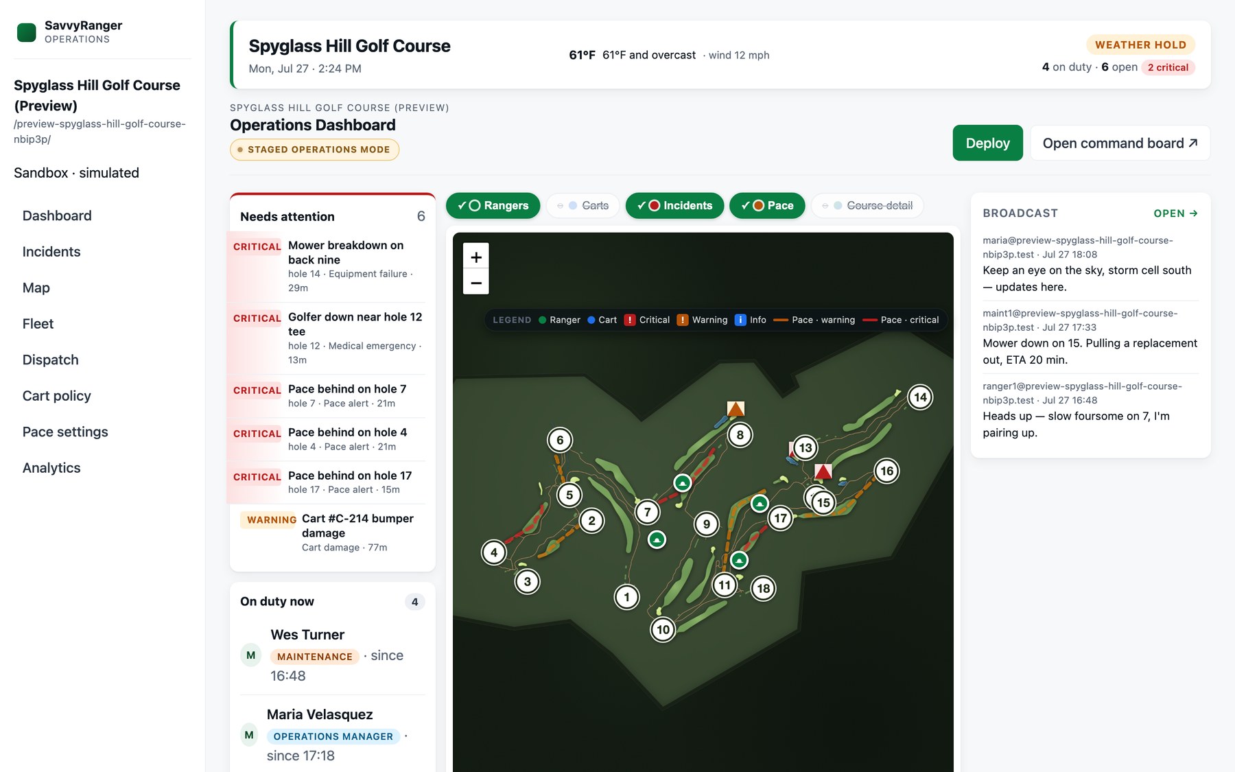 Operations dashboard showing needs-attention incidents, on-duty staff, a live course map, and a broadcast feed