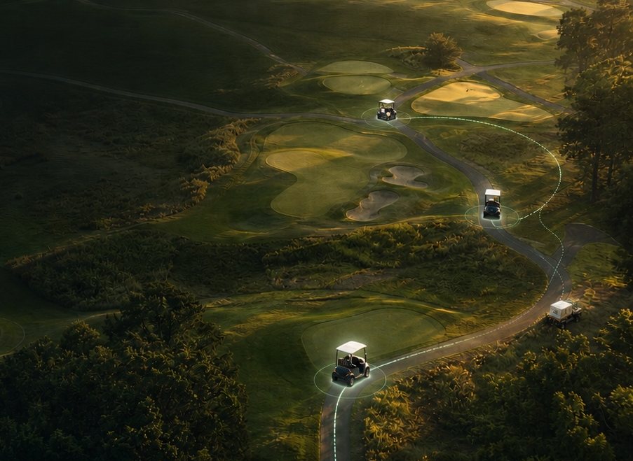 Illustrative aerial view of a golf course at dusk; the glowing cart trails are marketing imagery, not live customer data