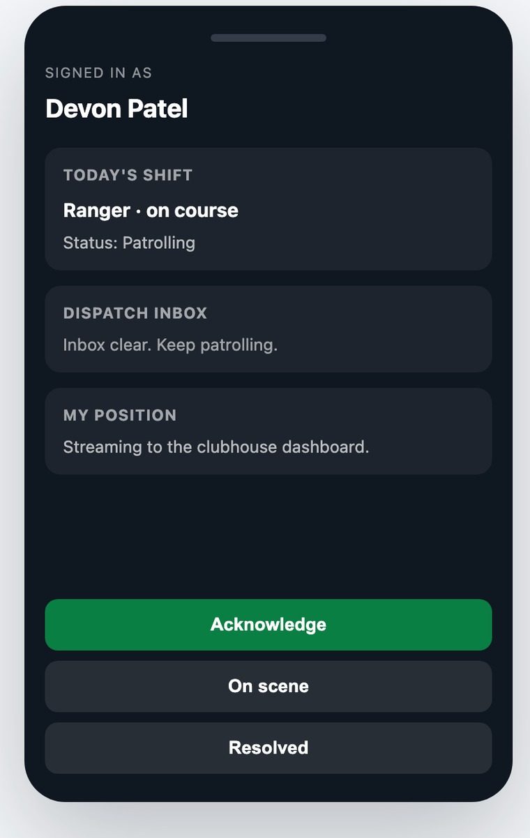 Ranger mobile app showing today's shift, dispatch inbox, and one-tap Acknowledge, On scene, and Resolved buttons